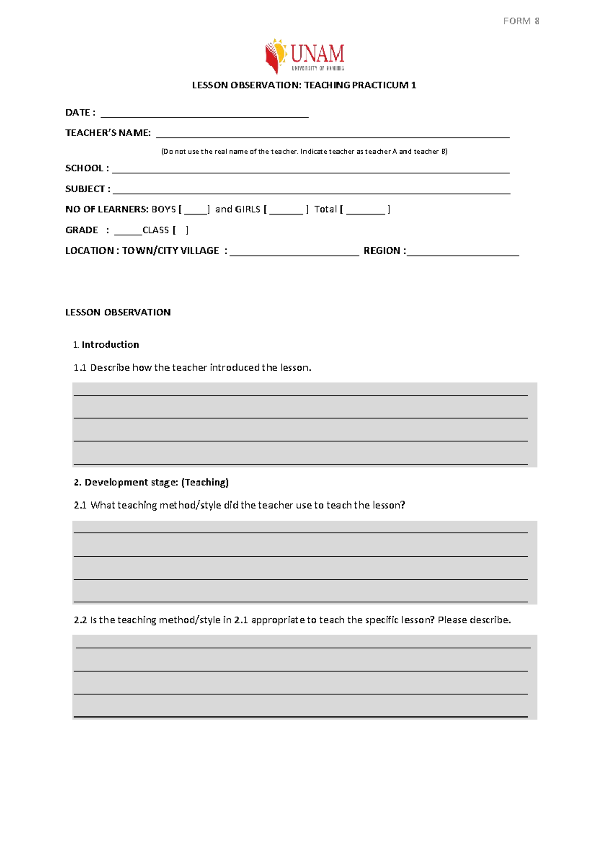 FORM 8B LESSON OBSERVATION: TEACHING PRACTICUM 1 - Studocu