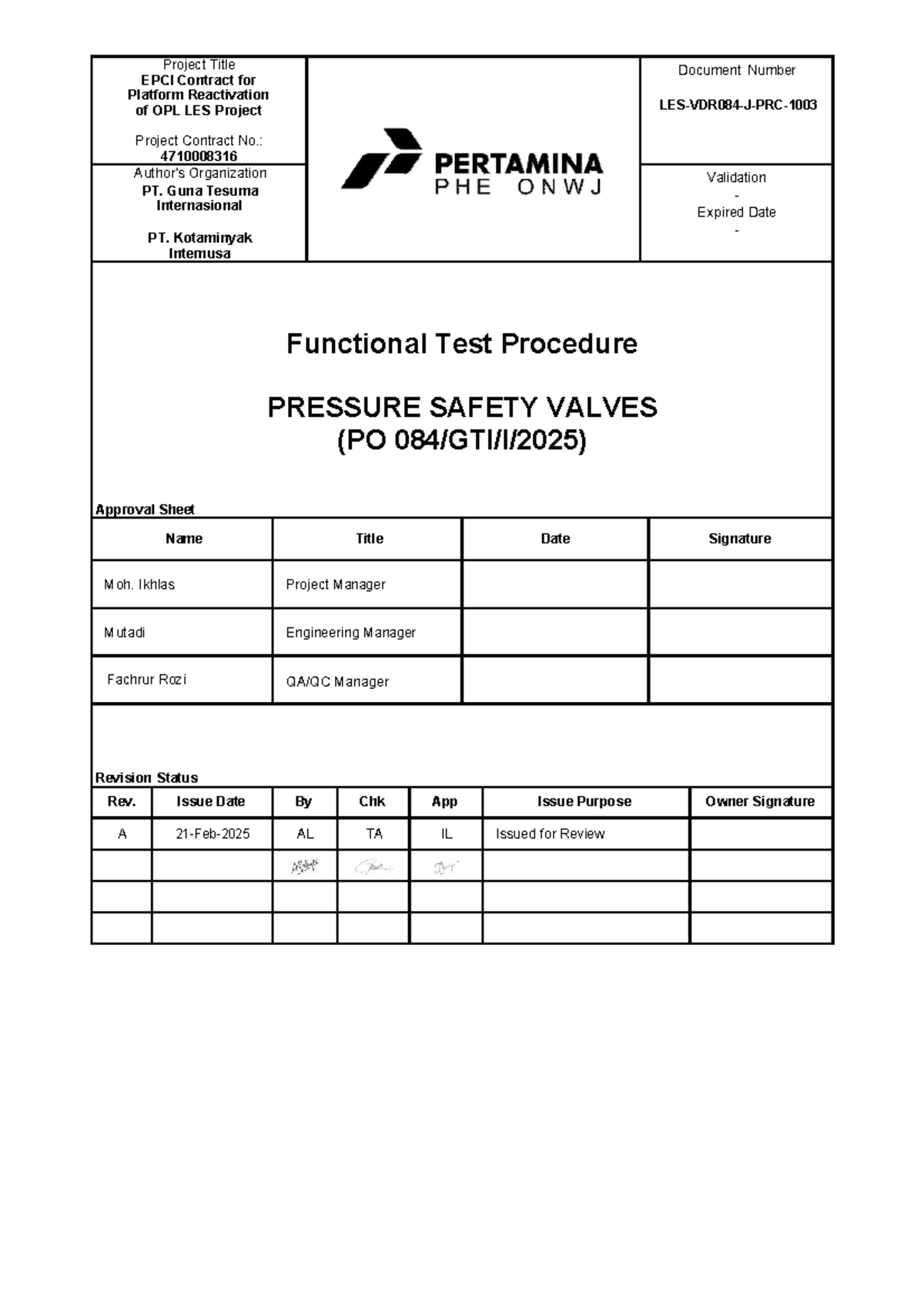 LES-VDR084-J-PRC-1003 Functional Test Procedure for Pressure Safety ...