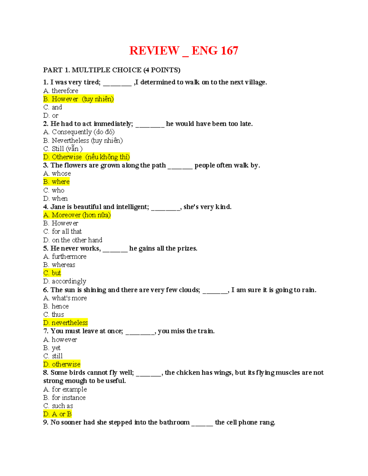 Review of ENG 167: Multiple Choice Questions and Short Essay Guide ...