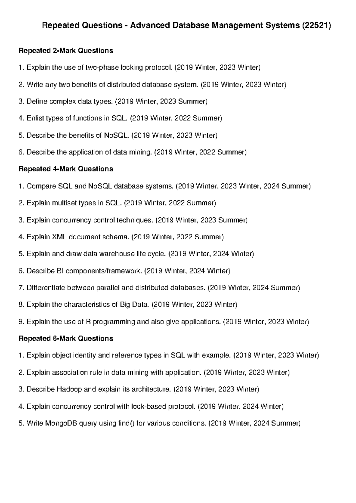 Repeated Questions for Advanced DBMS (22521) - Comprehensive Review ...