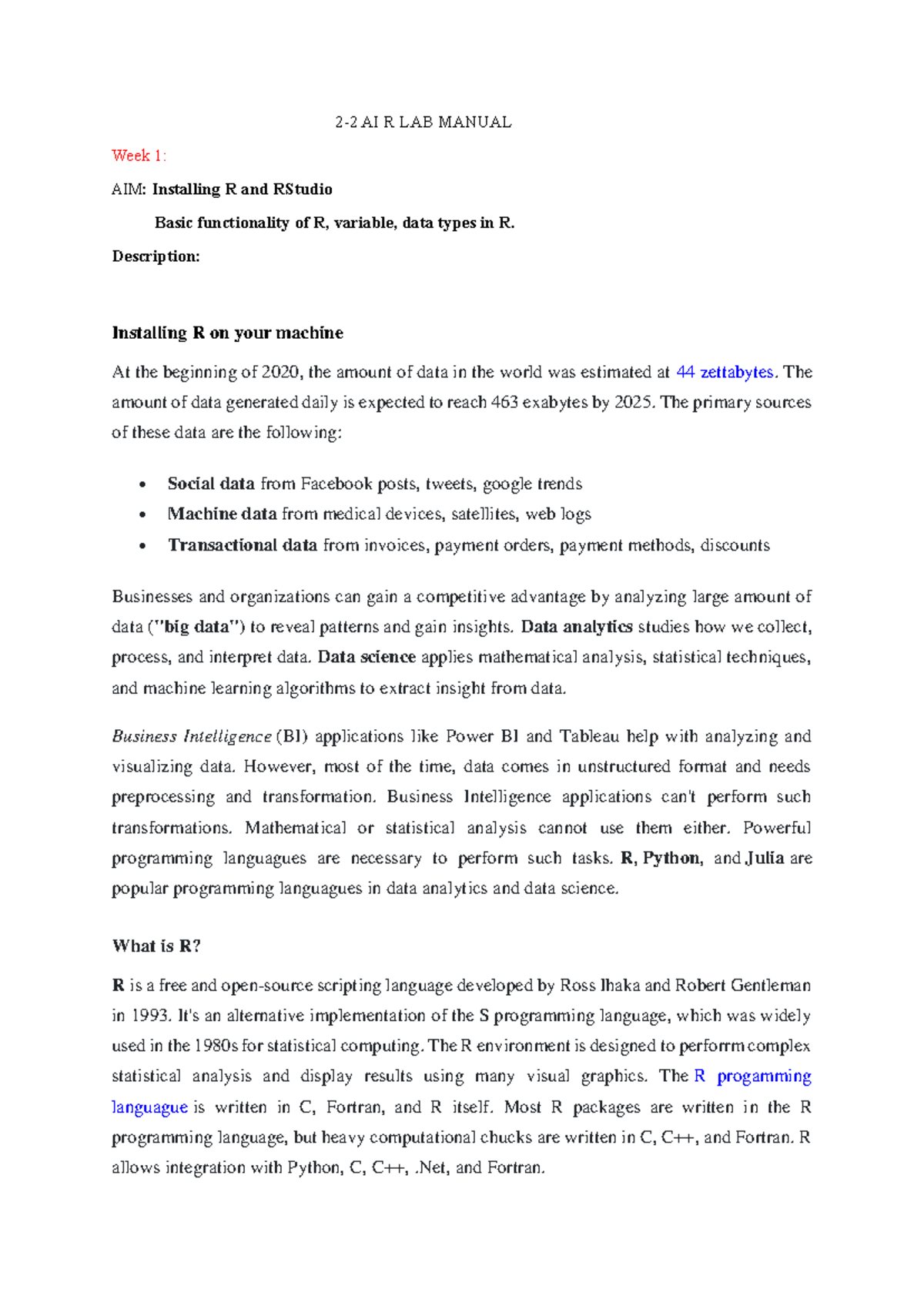 AI R LAB WEEK1&2 - Lab manual - 2 - 2 AI R LAB MANUAL Week 1: AIM ...