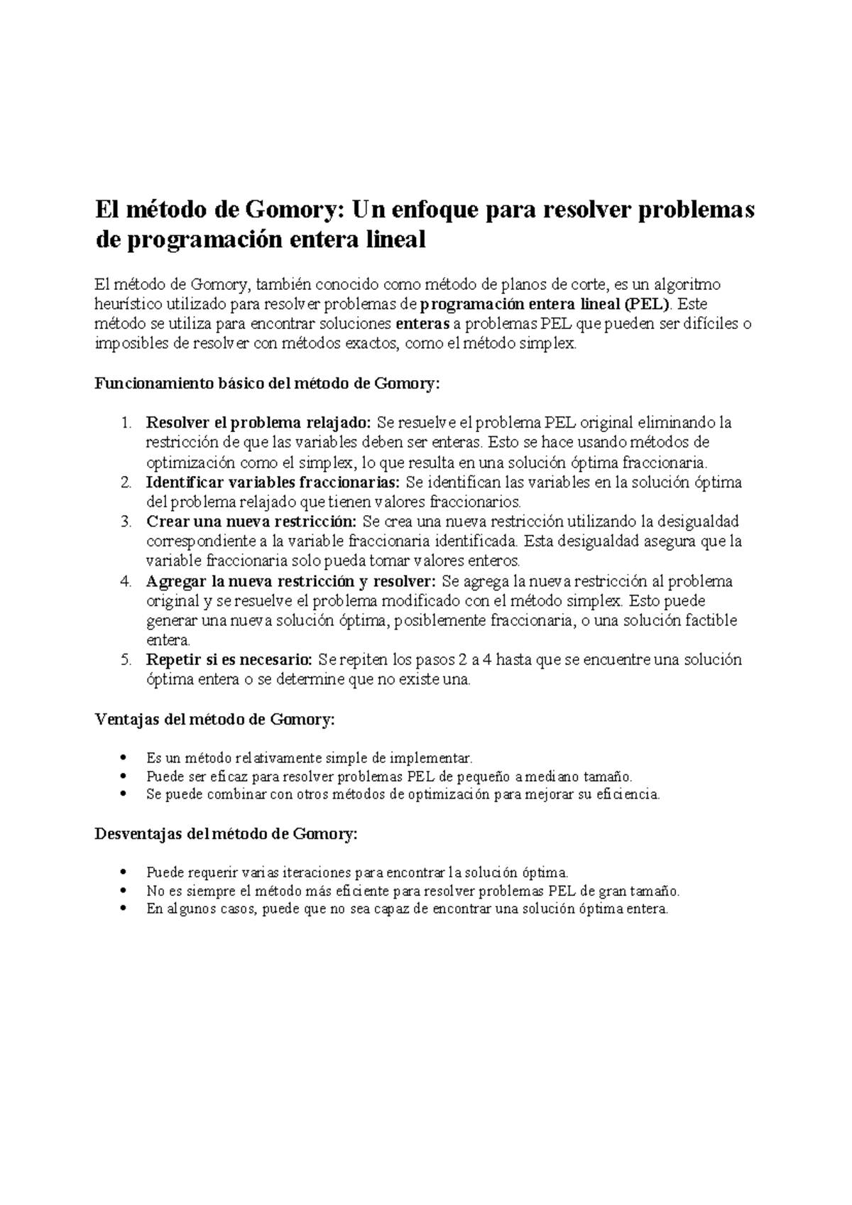 Método de Gomory para Resolución de PEL: Detalles y Ejemplos - Studocu
