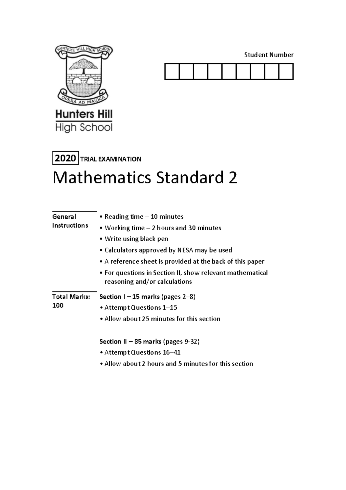 2020 MS - Hunters Hill HS - Mathematics Standard 2 Trial Exam Solutions ...