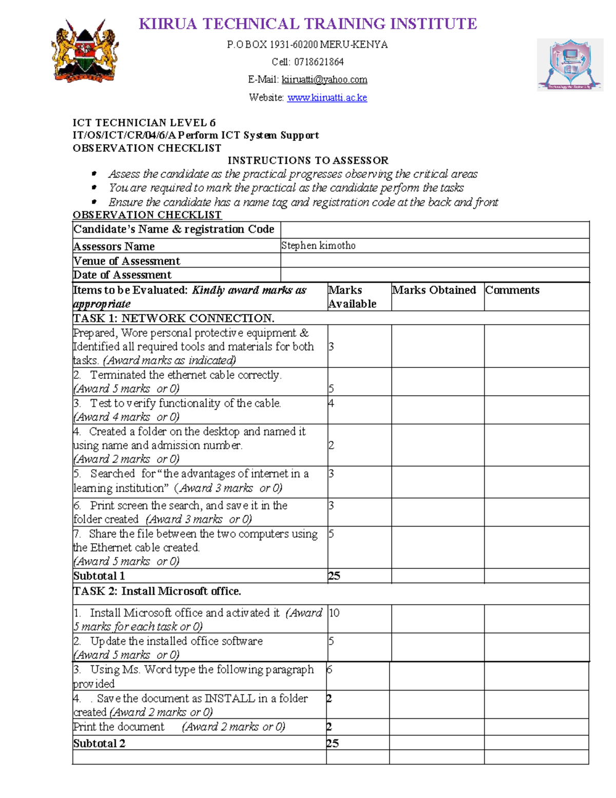 ICT Technician Level 6: Practical Assessment Checklist for System ...