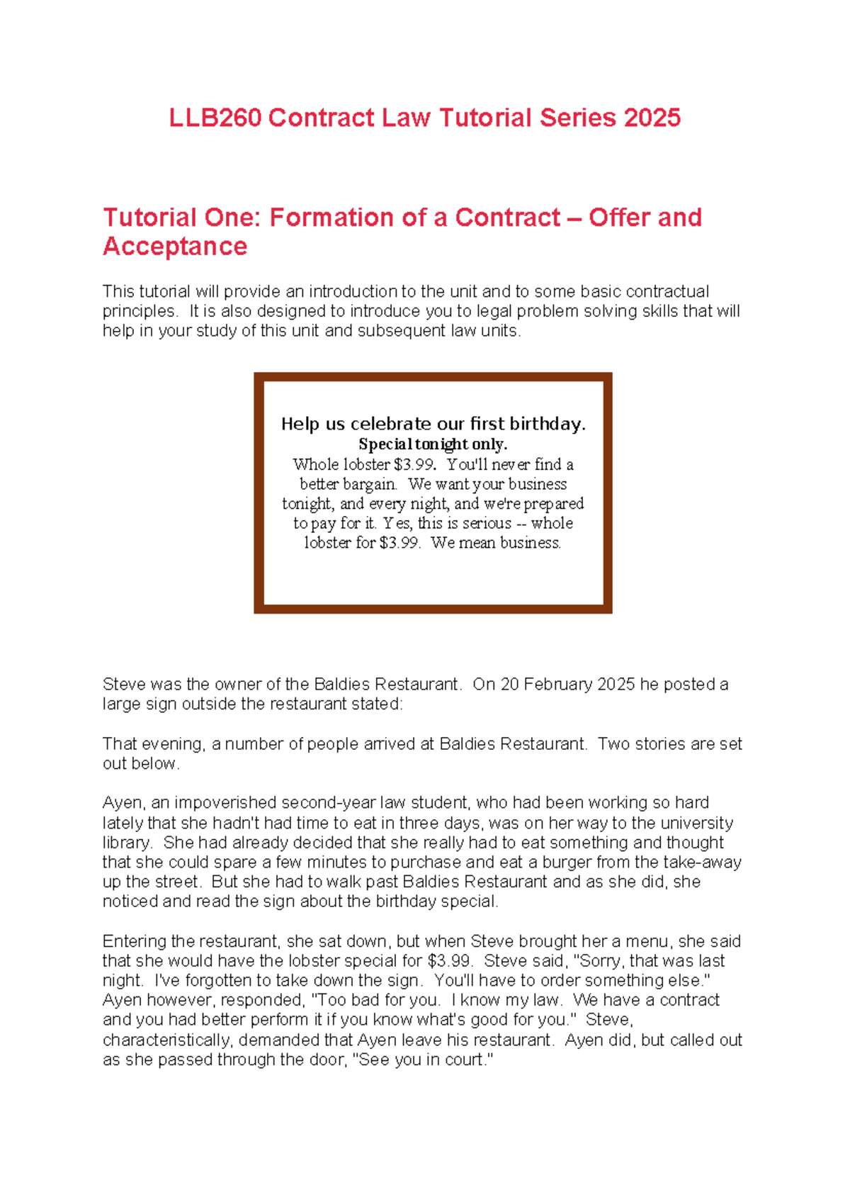 LLB260 Contract Law Tutorial 1: Formation of a contract, offer and ...