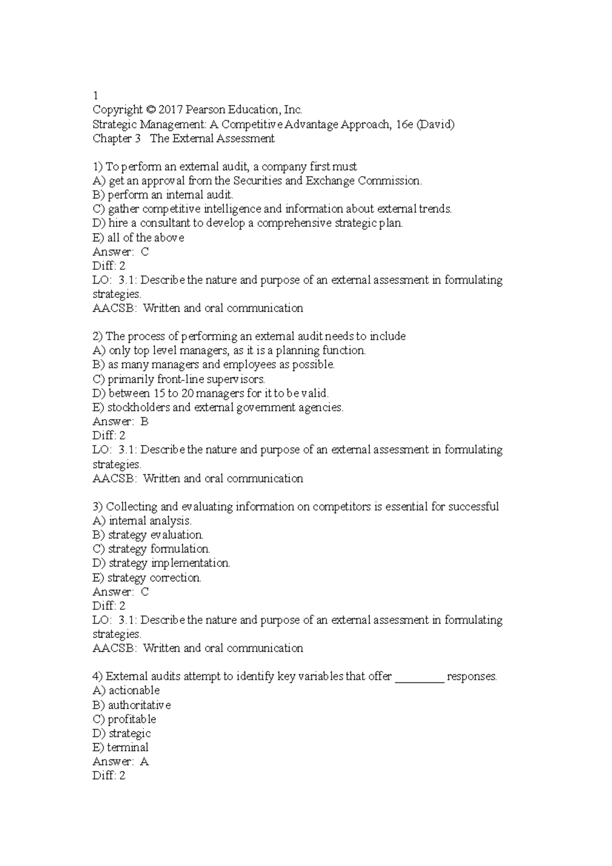 Test bank of chapter 3 - Strategic management - Studocu