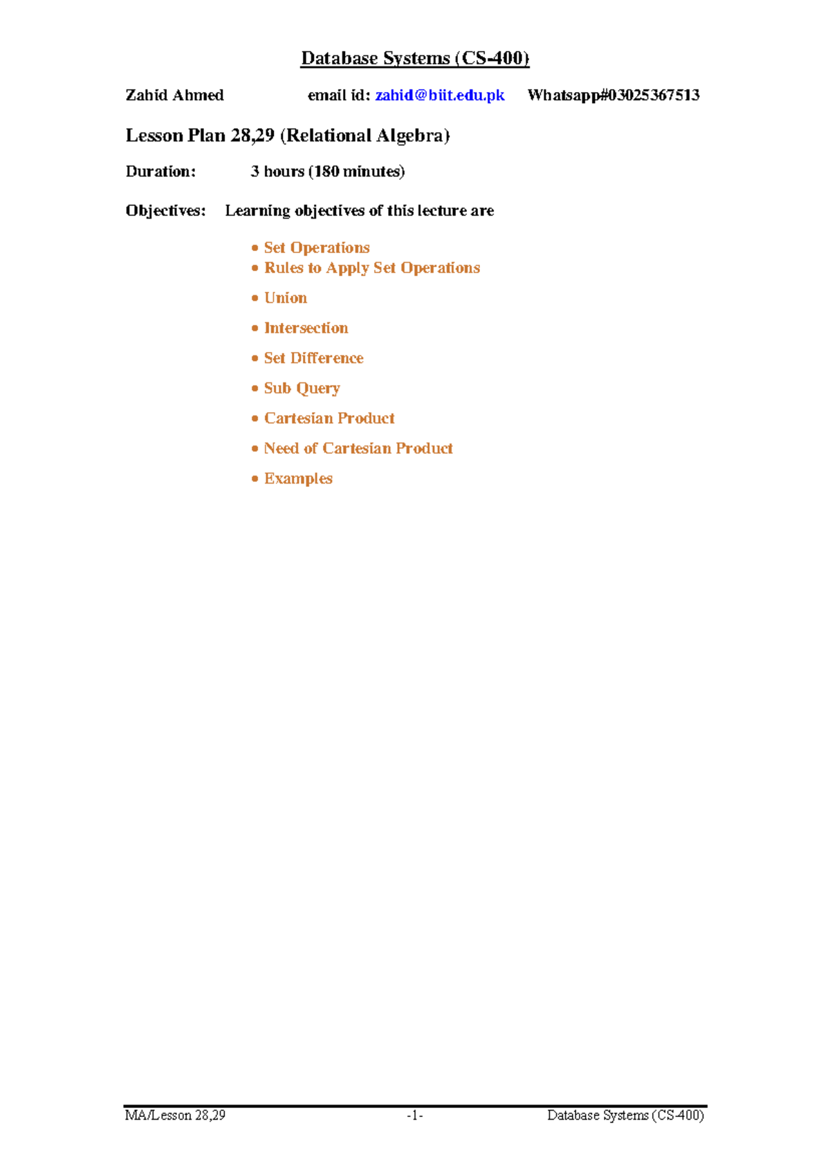 DBS 28,29 - Lesson Plan on Relational Algebra and Set Operations - Studocu