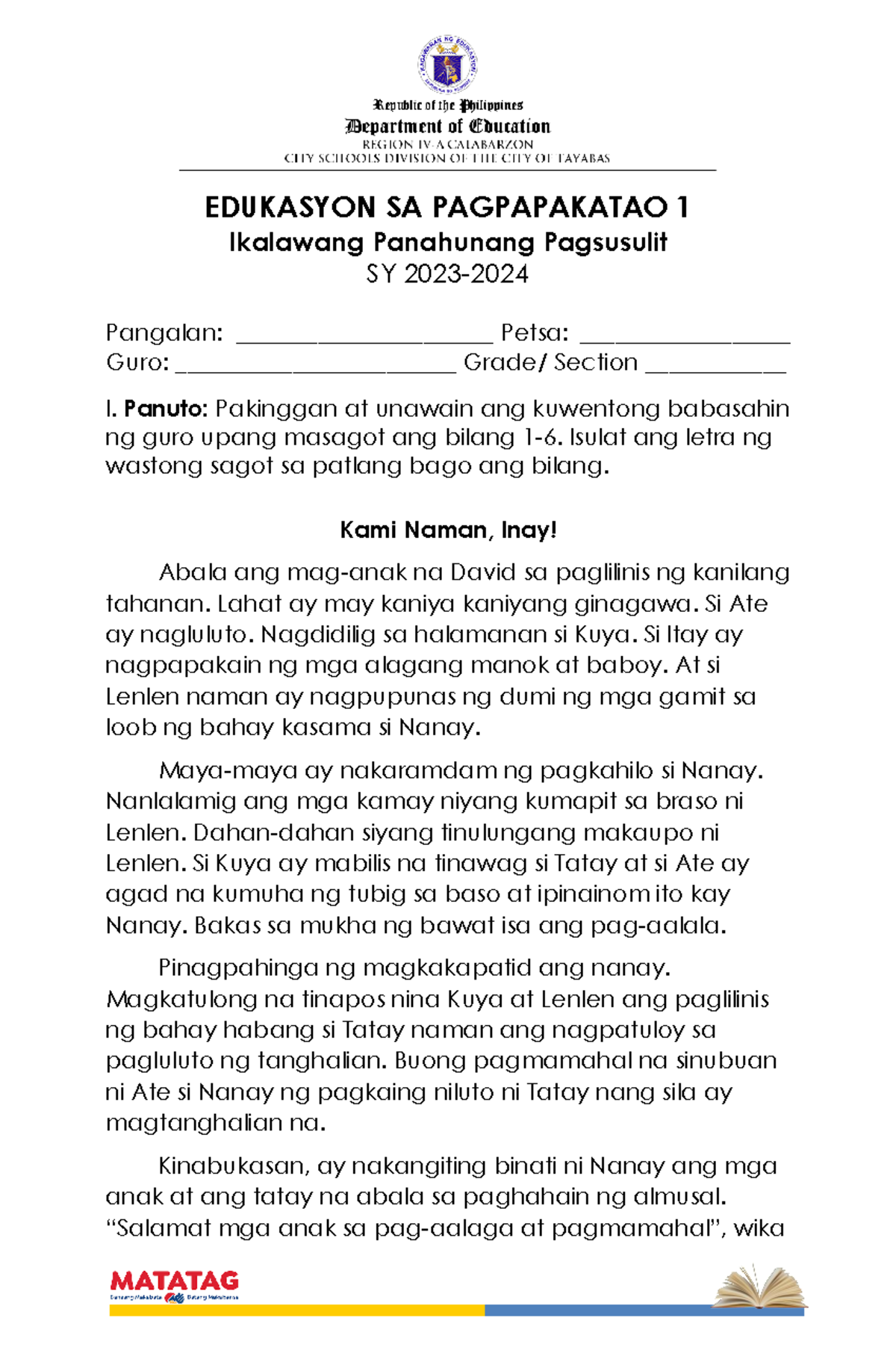 ESP Grade 1 Q2 for pdf - lecture notes - EDUKASYON SA PAGPAPAKATAO 1 ...
