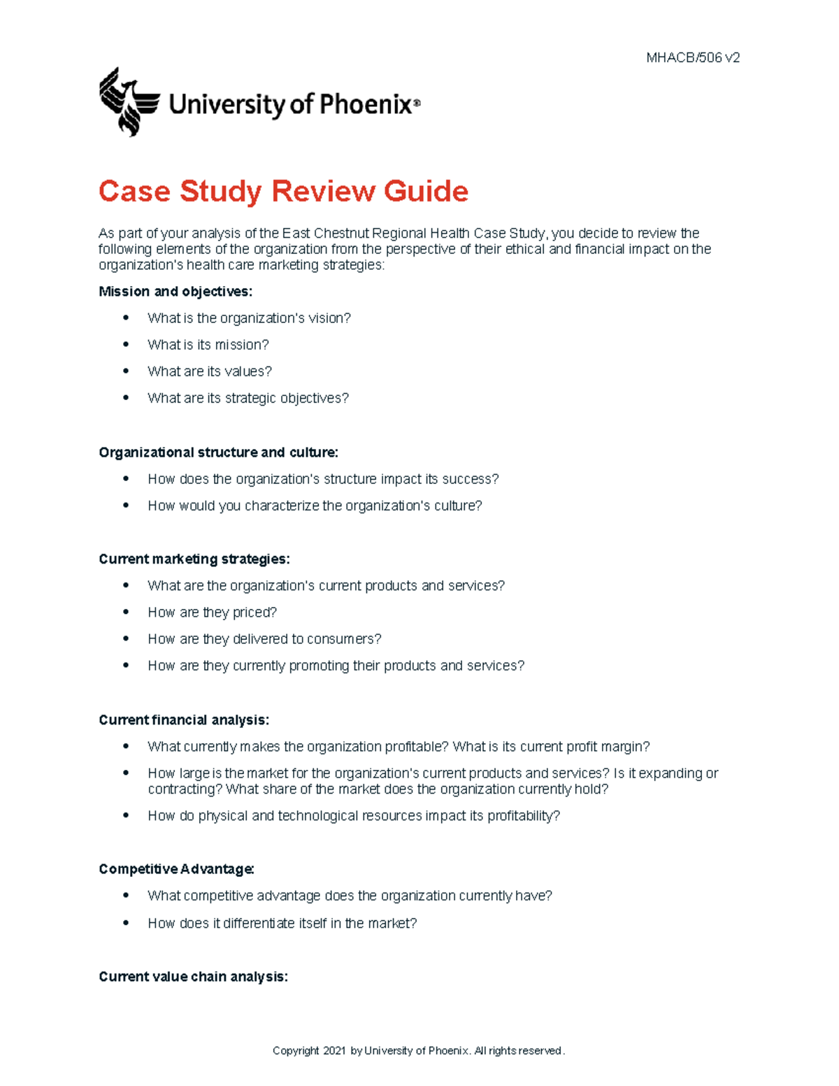 MHACB 506 v2 Case Study Review Guide: East Chestnut Health Analysis ...