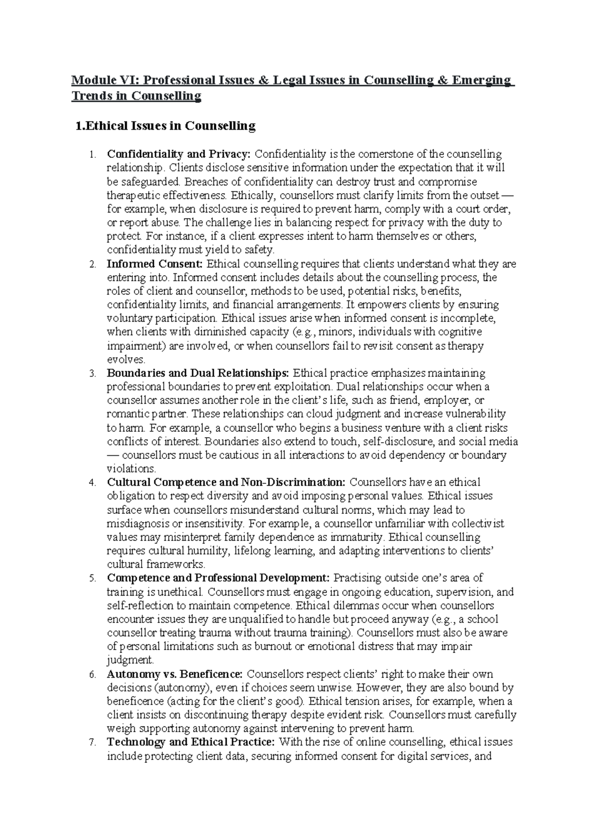 Module VI: Legal & Ethical Issues in Counselling (Counselling Sem 3 ...