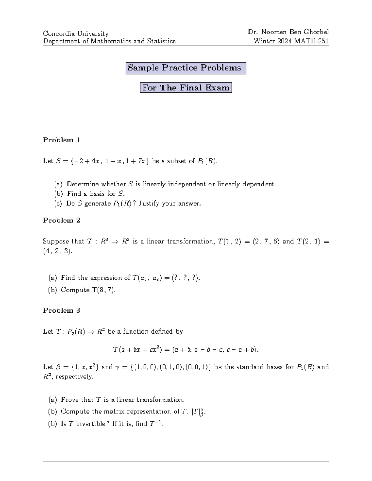 MATH-W24 Final Exam Practice Problems for Winter 2024 - Studocu