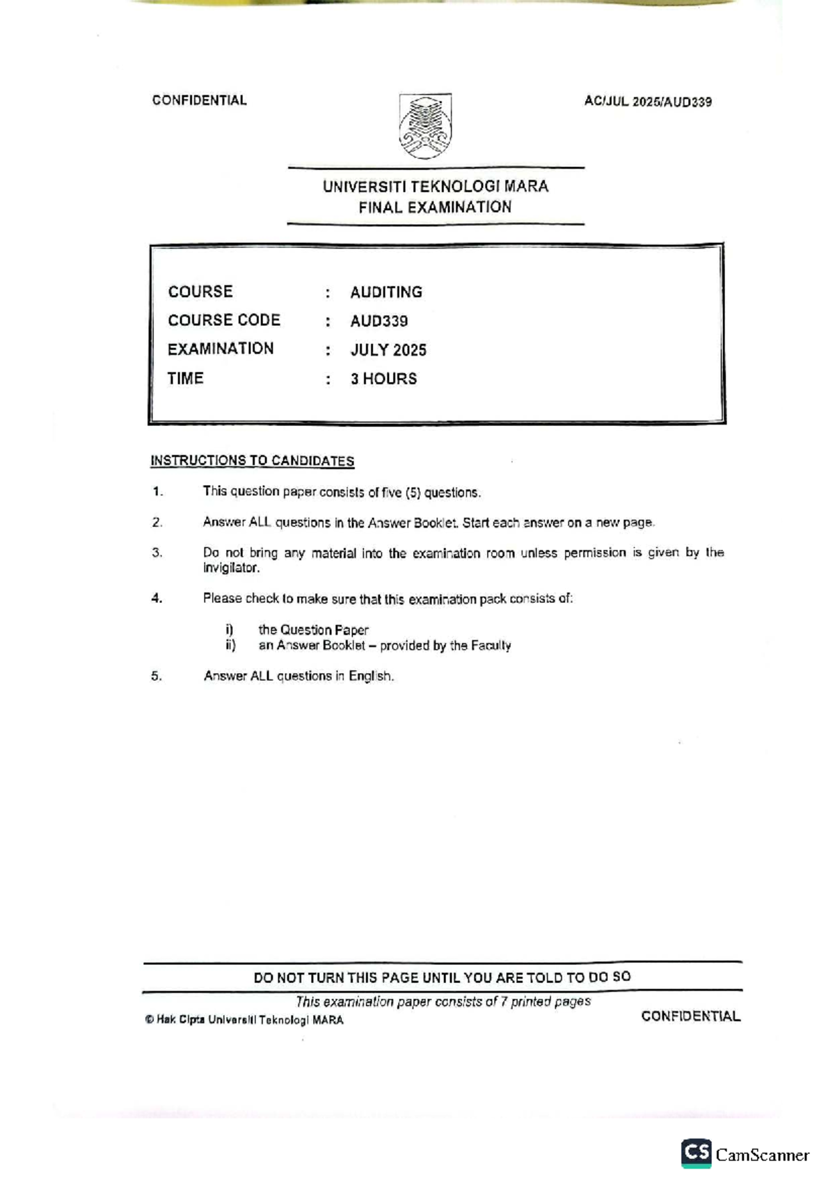 AUD339 Final Exam July 2025: Auditing Questions and Guidelines - Studocu