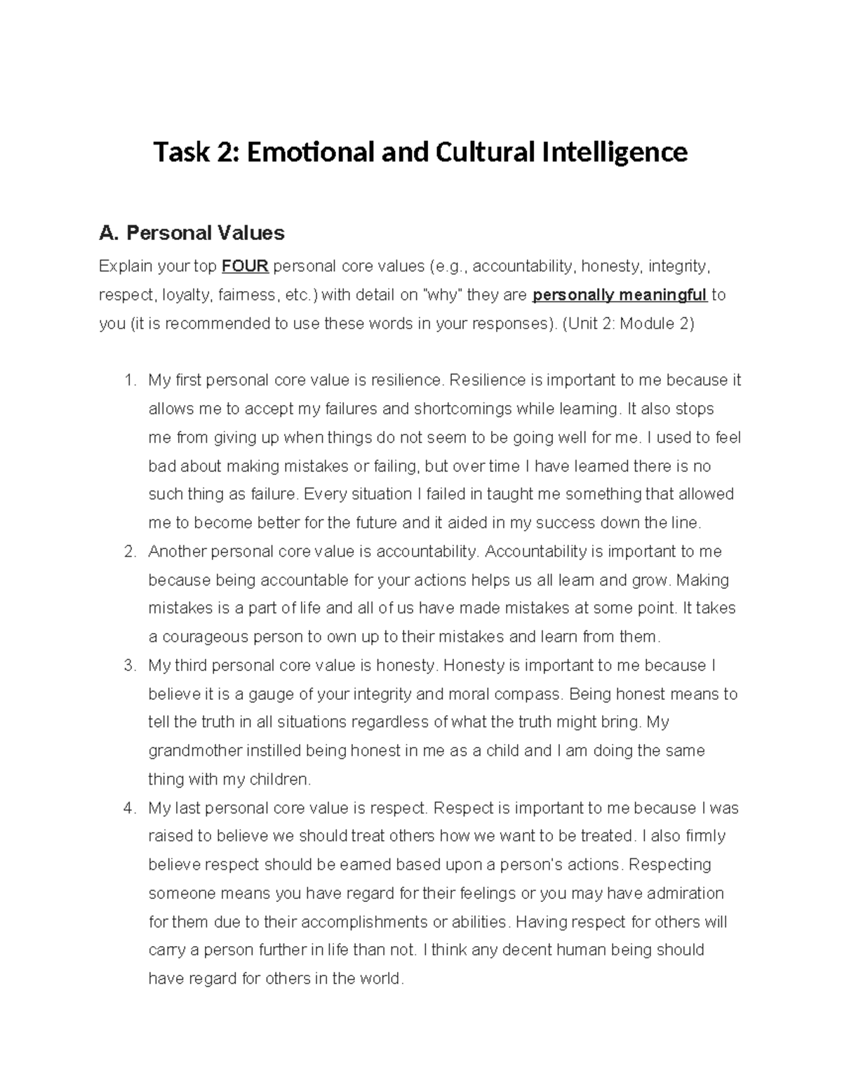 D082 Task 2: Personal Core Values & Cultural Intelligence Analysis ...