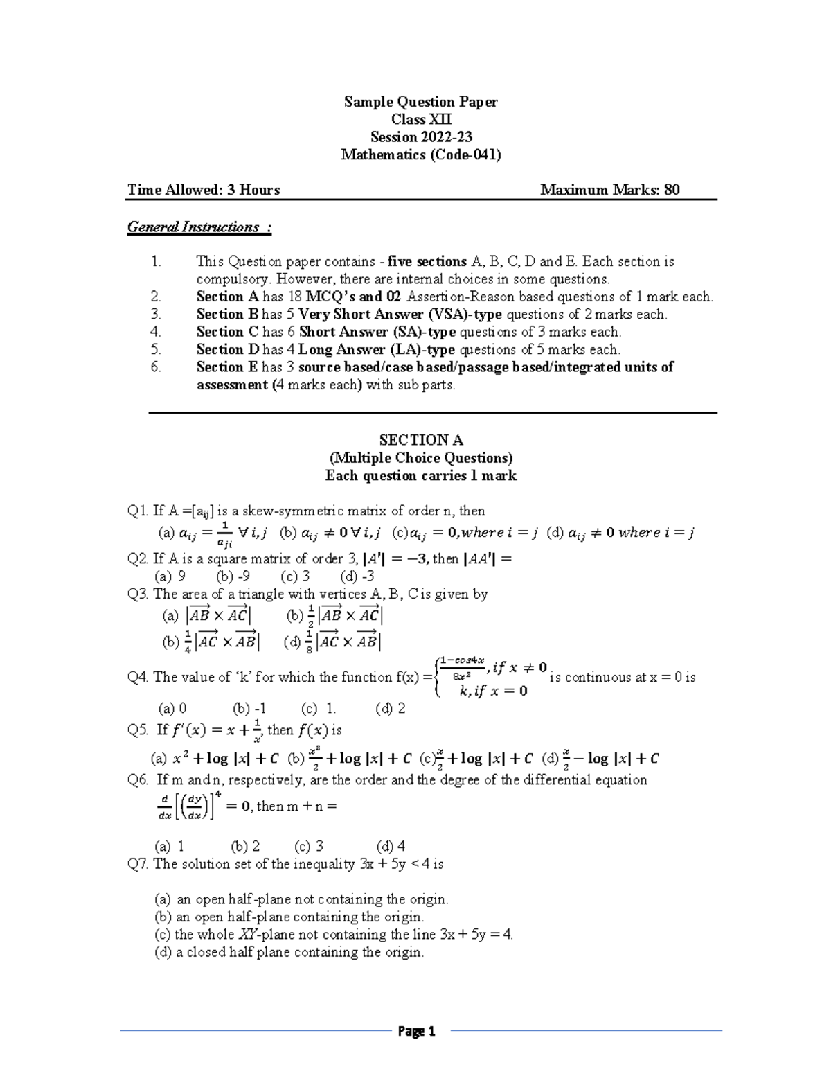Mathematics Class XII Model Question Papers (Code-041) - Studocu
