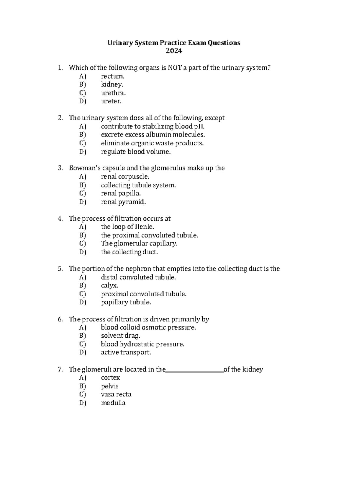 Urinary System Practice Exam Questions (2024) - Sample MCQs - Studocu