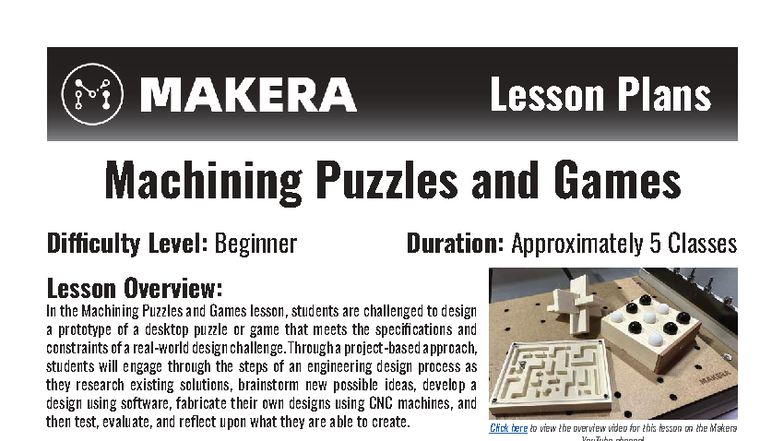 Lesson Plans: Machining Puzzles & Games (Beginner) - 5 Classes - Studocu