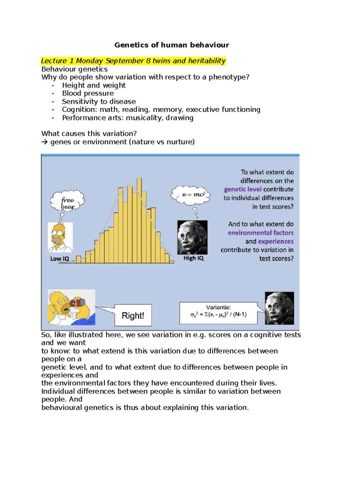 Genetics of Human Behaviour: Lecture 1 - Twins & Heritability - Studeersnel