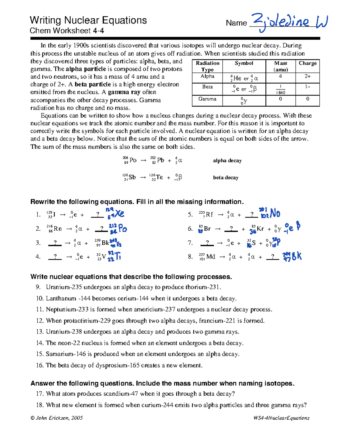 4-4Nuclear Equations - Class notes - © John Erickson, 2005 WS 4 - 4 ...