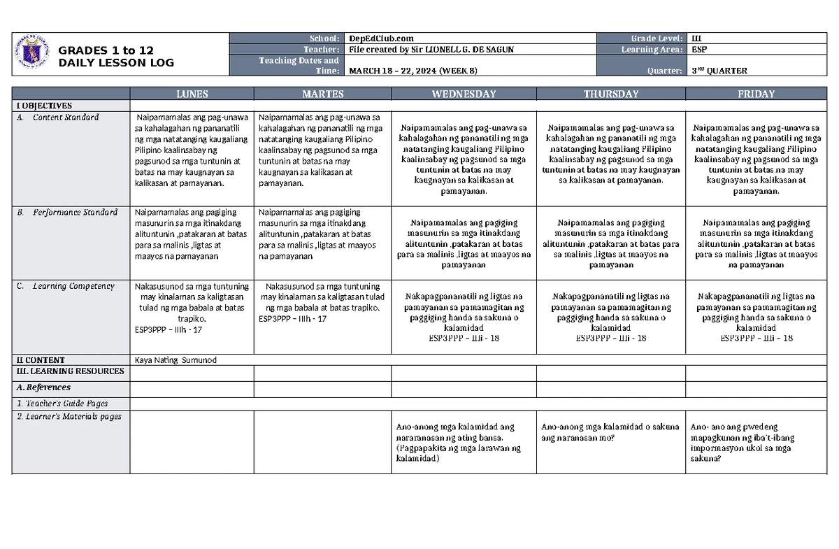 DLL Filipino 3 Q3 W8: Daily Lesson Log for April 3-5, 2023 - Studocu