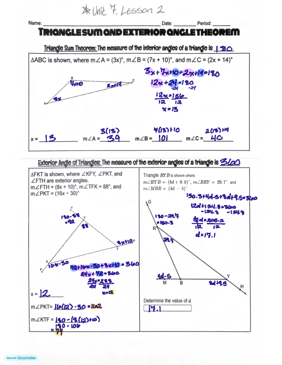 Triangle Sum and Exterior Angle Theorem Practice - Geometry 101 - *hit ...