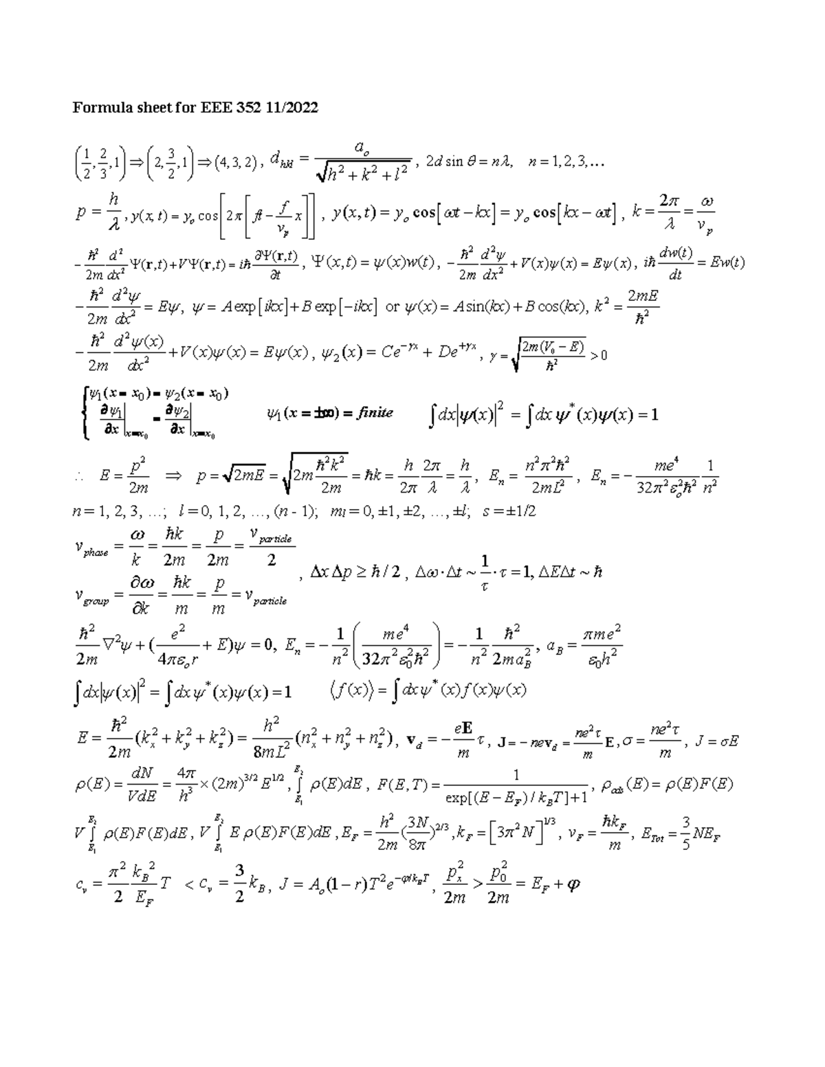 Formula Sheet for EEE352: Comprehensive Study Guide - Studocu