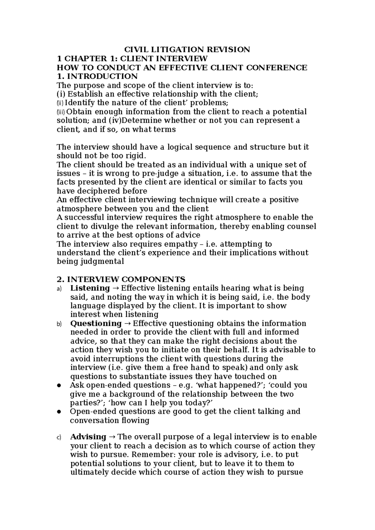 CIVIL LITIGATION REVISION 1: CLIENT INTERVIEW AND CAUSE OF ACTION - Studocu