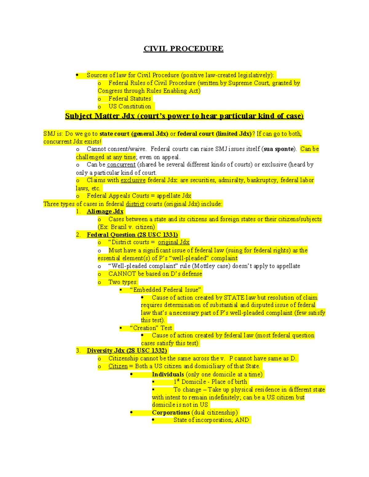 Civ Pro II Final Exam Outline: Joinder, Class Actions, Res
