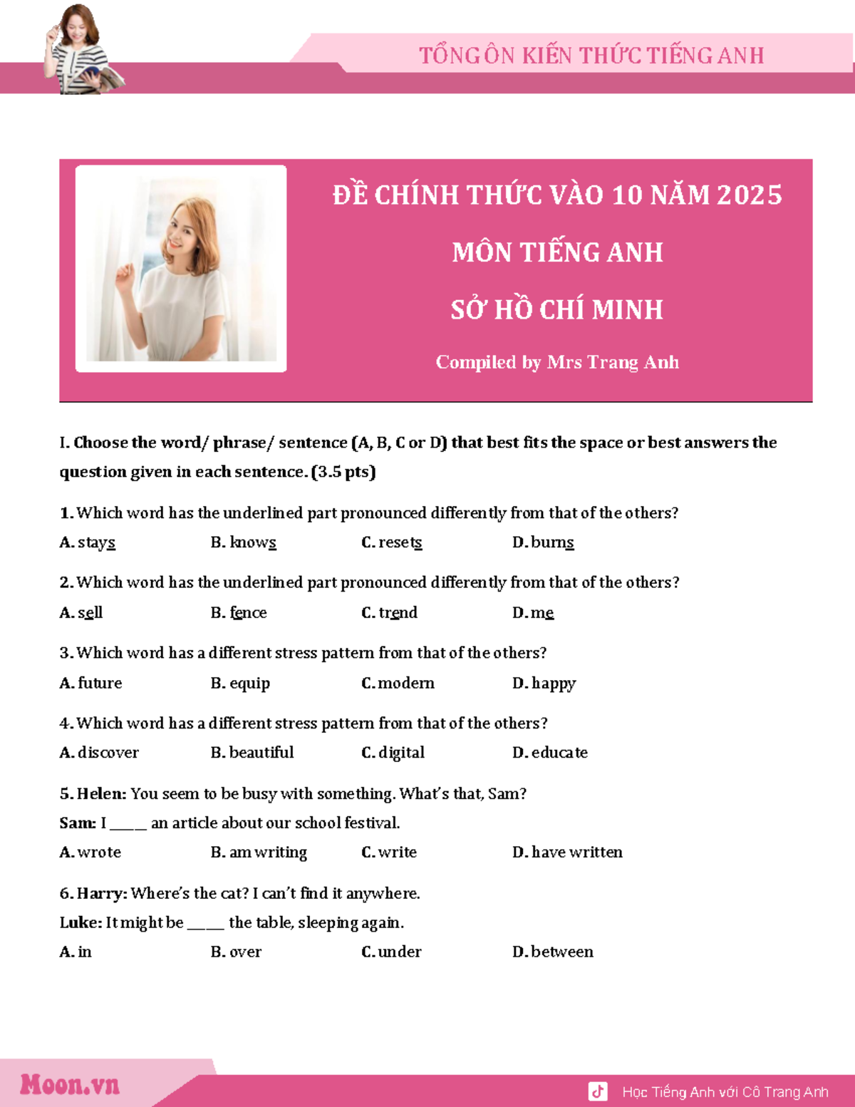 NG ÔN N NG ANH 10 NĂM 2025 - ÔN TẬP MÔN ANH CÙNG CÔ TRANG ANH - Studocu