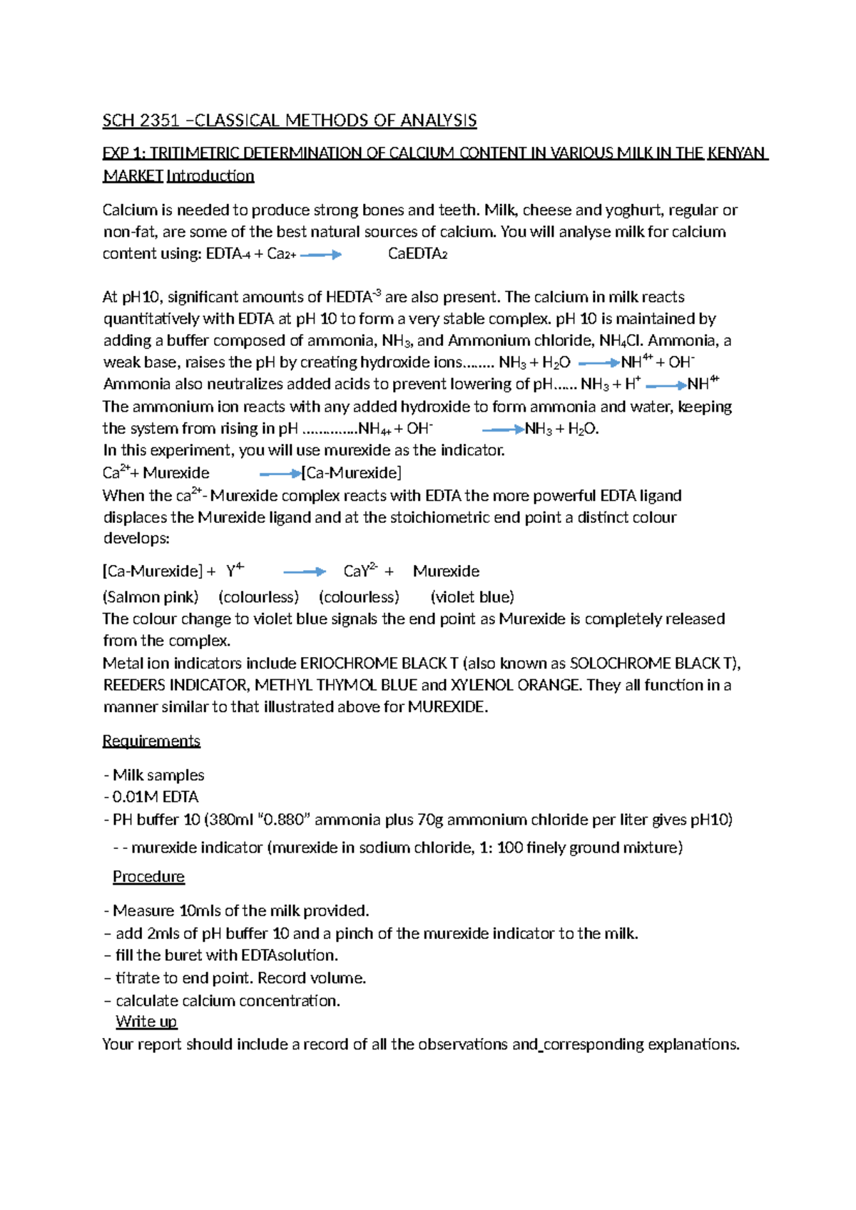 SCH 2351 Classical Methods Lab Reports 2024: Experiments Overview - Studocu