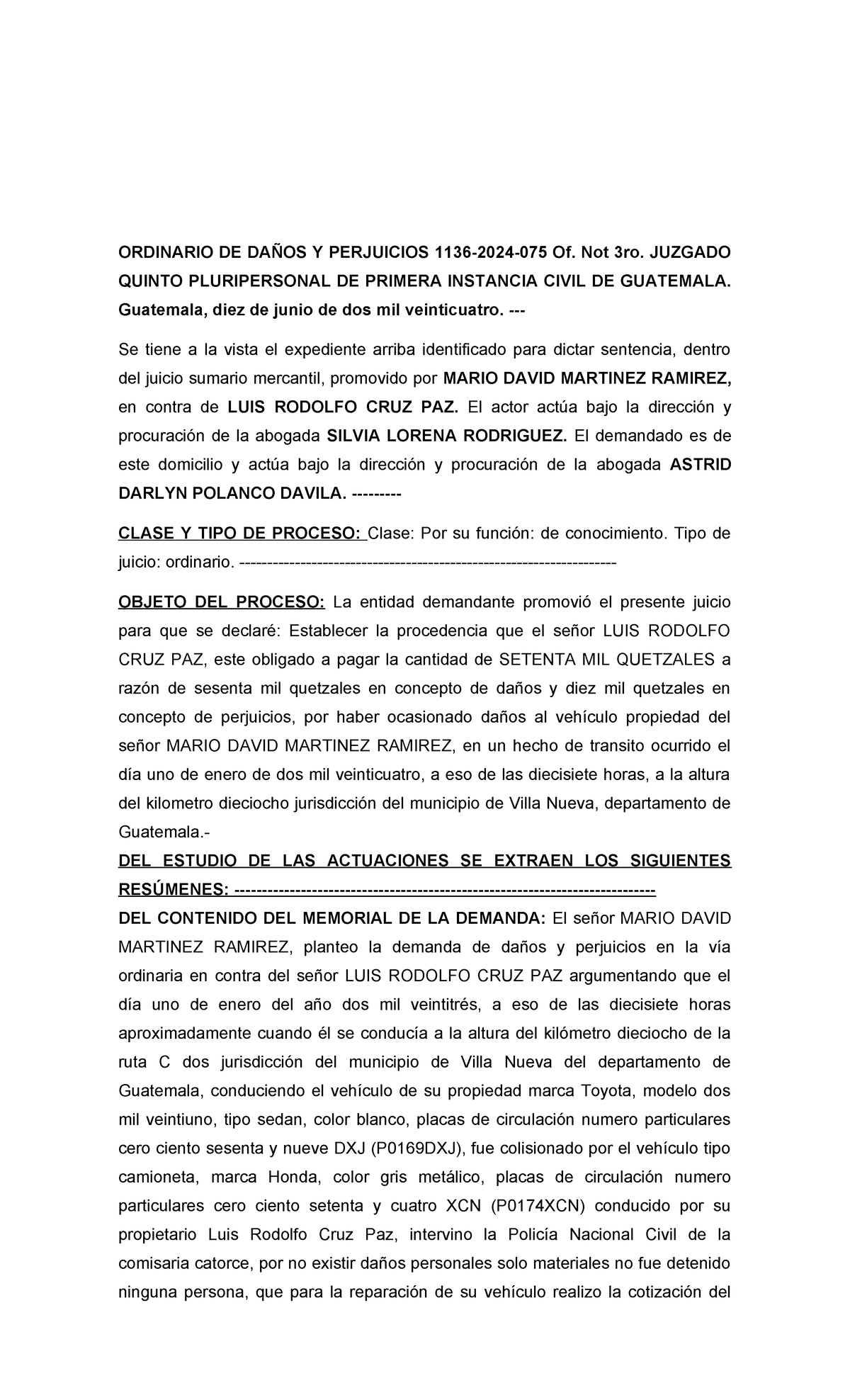 Sentencia de Daños y Perjuicios, Caso 1136-2024-075 en Guatemala - Document Preview