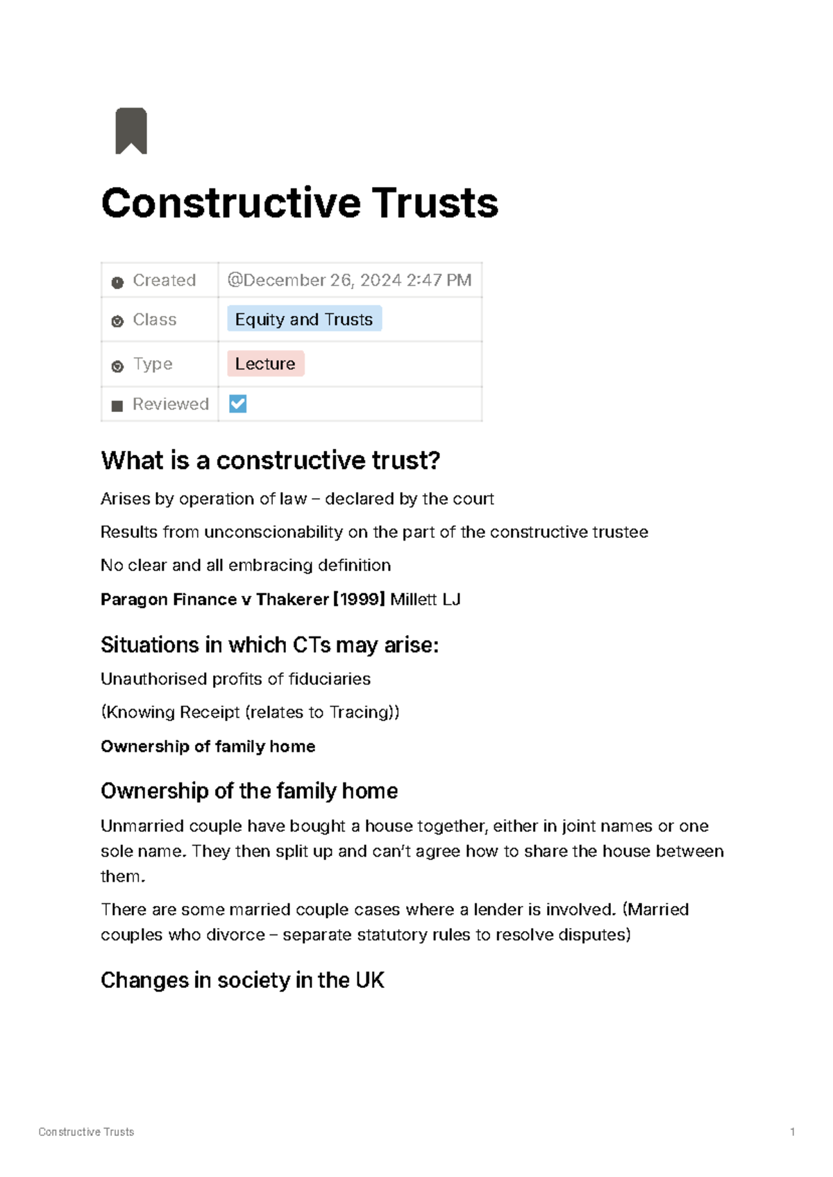 Constructive Trusts Lecture Notes (Class Equity and Trusts) - Studocu