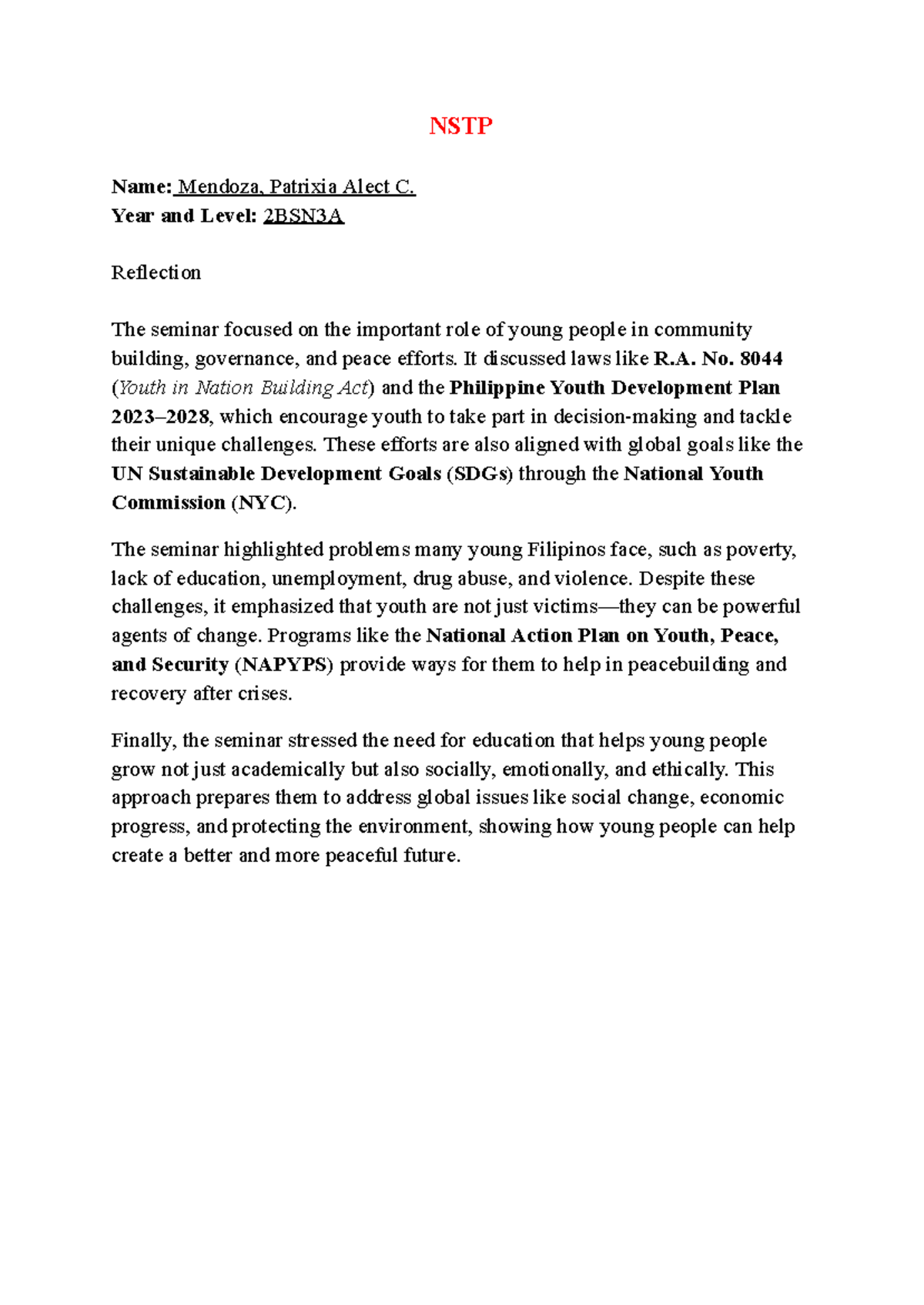 NSTP - essay - NSTP Name: Mendoza, Patrixia Alect C. Year and Level ...