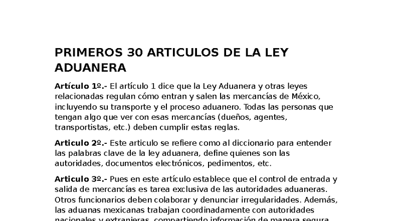 Artículos Clave de la Ley Aduanera: Análisis y Resumen - Studocu