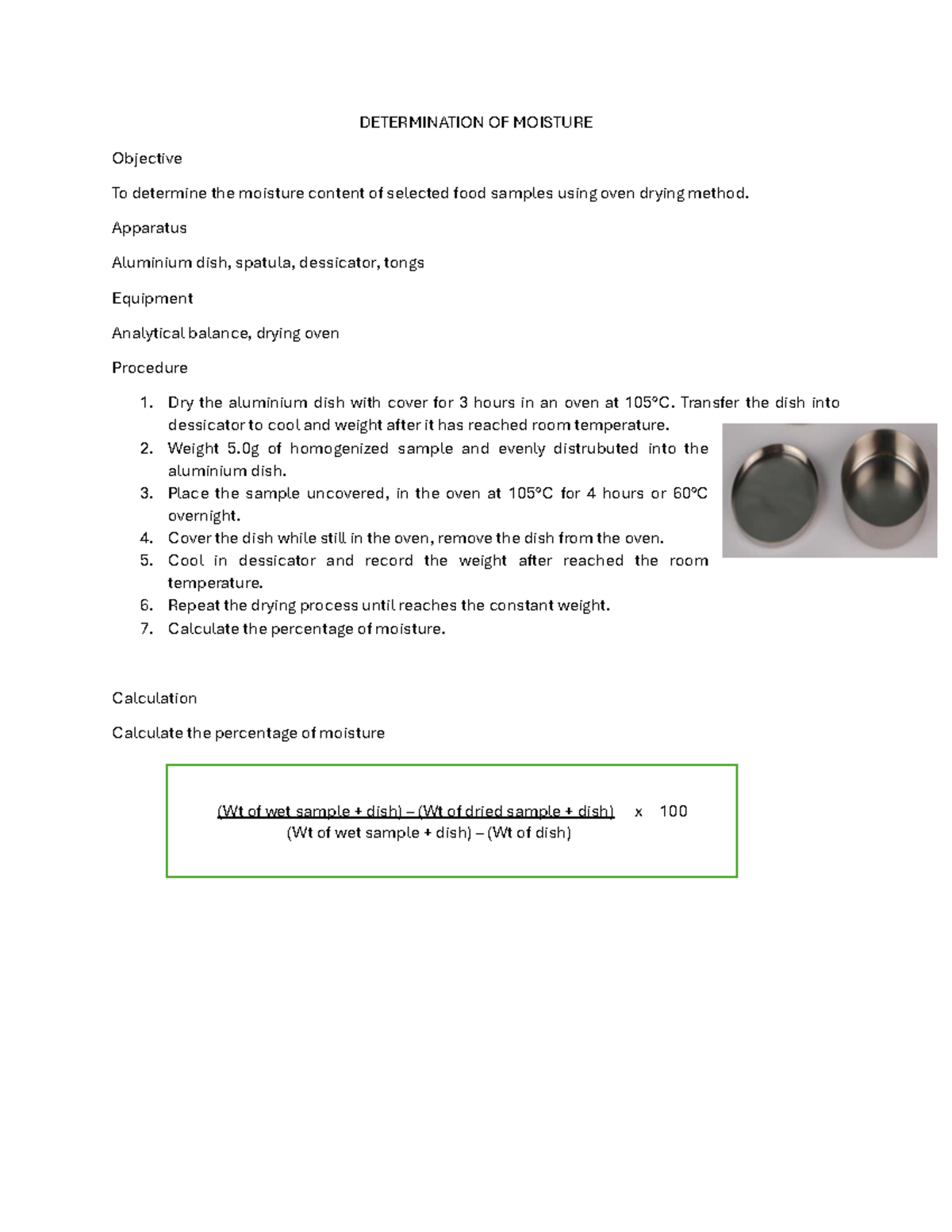 Determination of Moisture Content in Food Samples (Lab Experiment ...