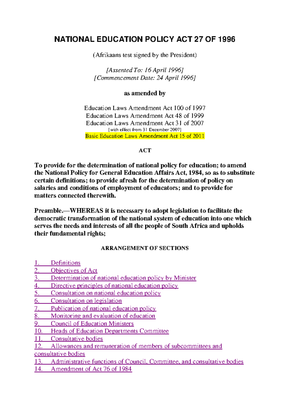 National Education Policy Act 27 of 1996: Overview and Amendments - Studocu