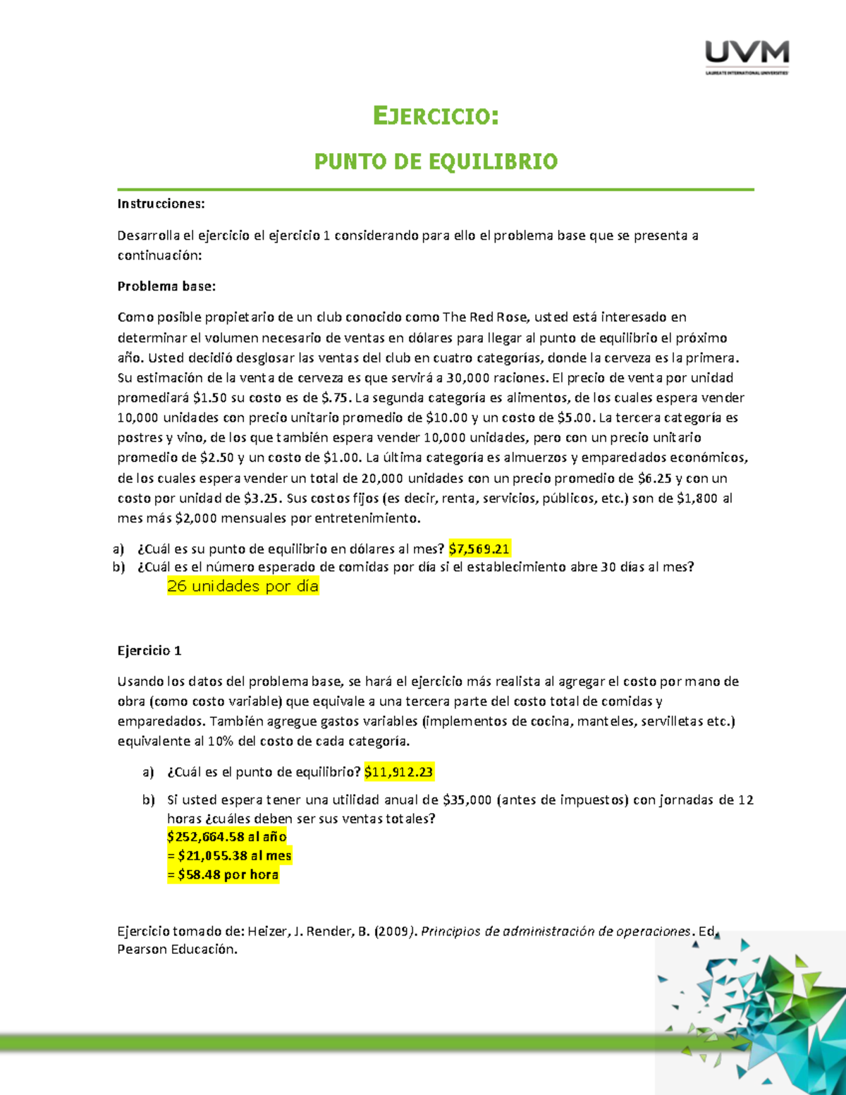 Ejercicio: Punto de Equilibrio - Análisis de Ventas y Costos - Studocu