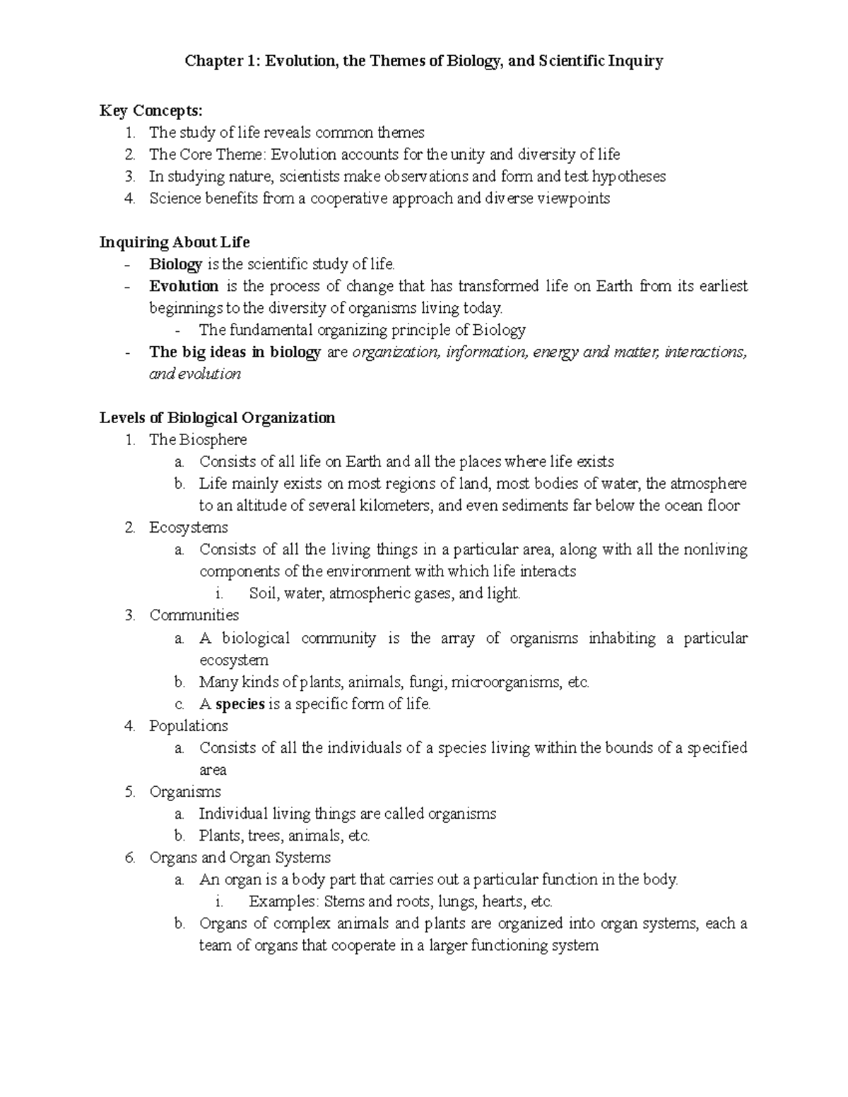Chapter 1: Evolution and Themes in Biology - Key Concepts - Studocu