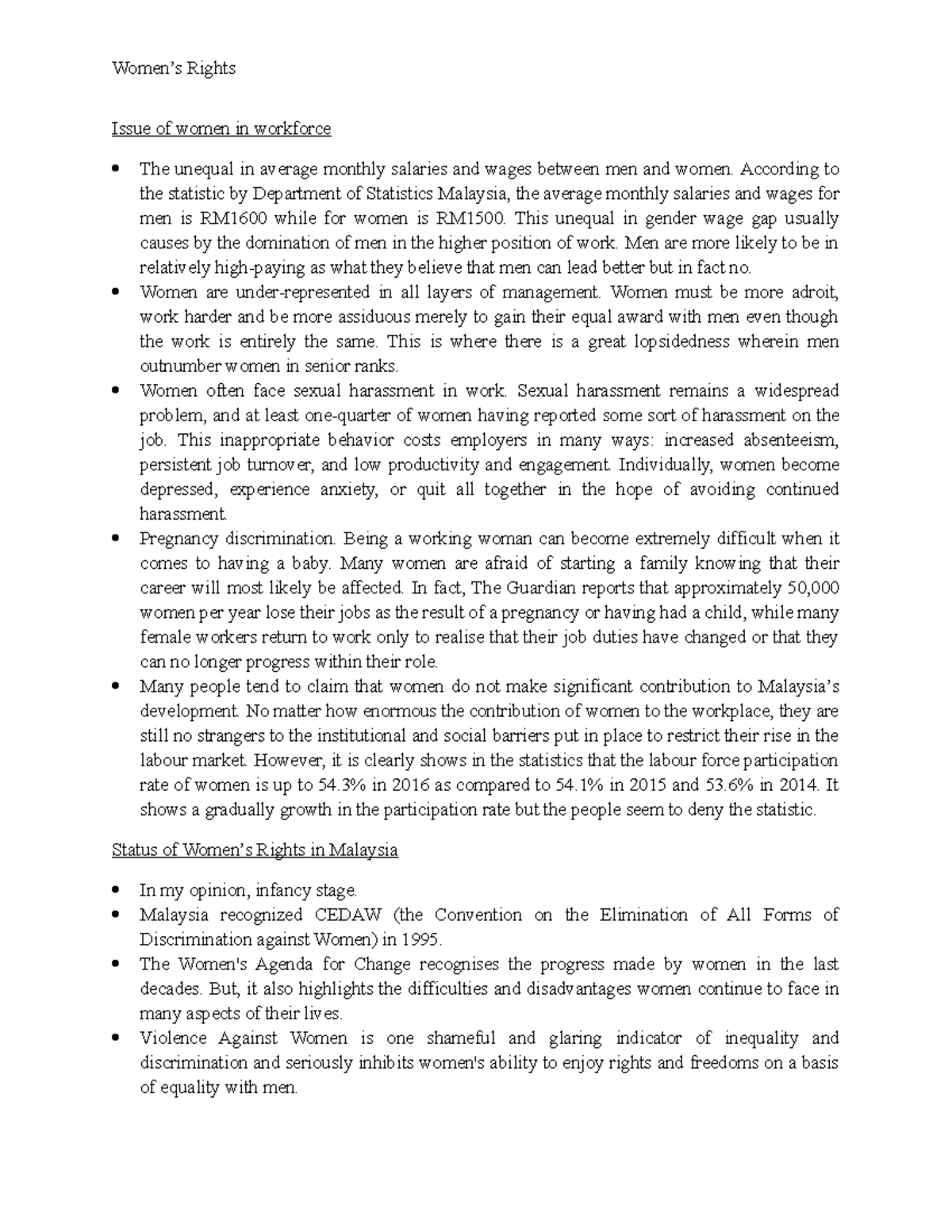 Women Rights - lectures notes - Issue of women in workforce The unequal ...
