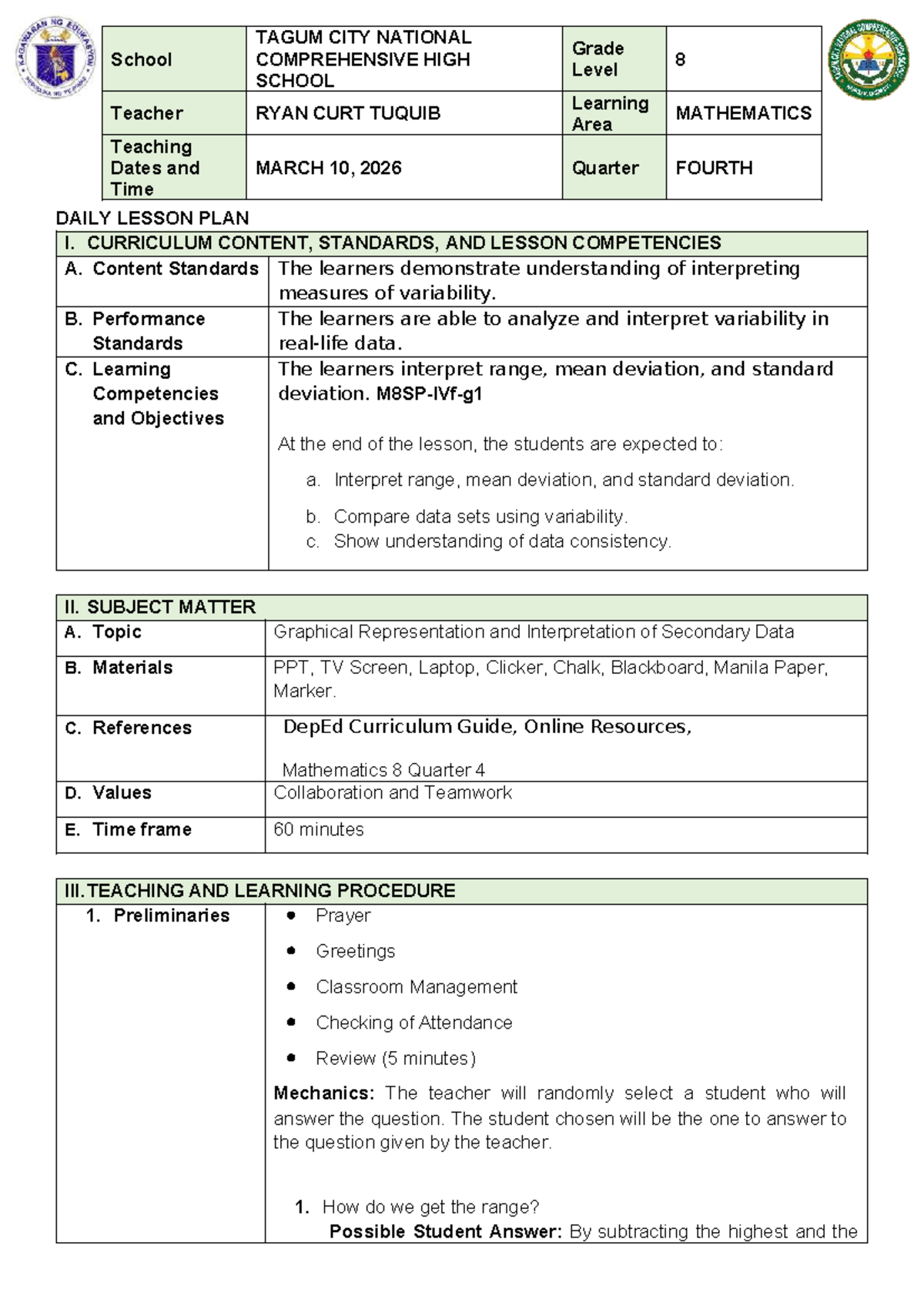 Grade 8 Math Lesson Plan: Variability & Data Interpretation - Studocu
