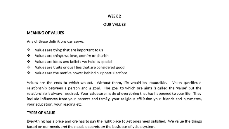 WEEK 2 VALUES: MEANING & TYPES OF VALUES (Course Code: GVtc) - Studocu