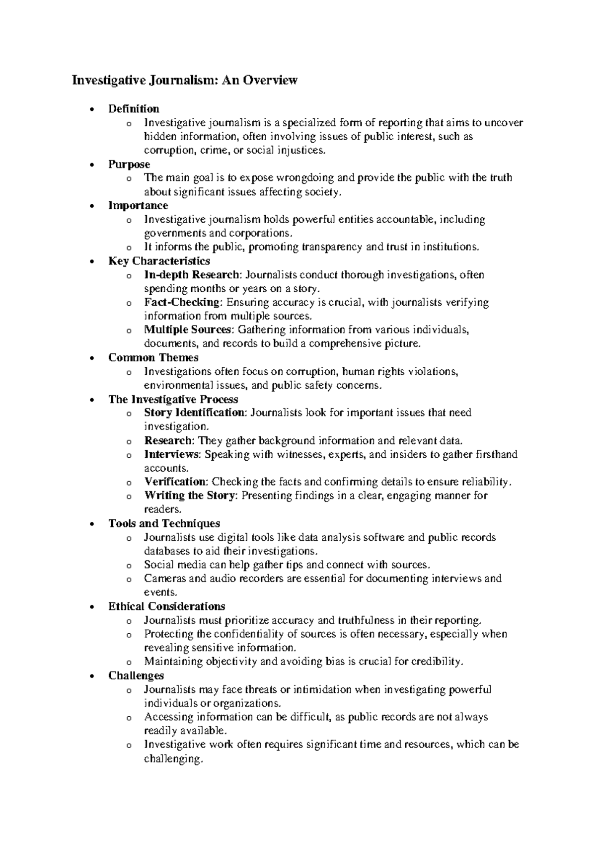 Investigative Journalism - Purpose o The main goal is to expose ...