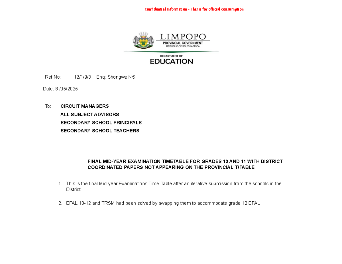 2025 Final Exam Timetable for Grades 10 & 11 - Studocu