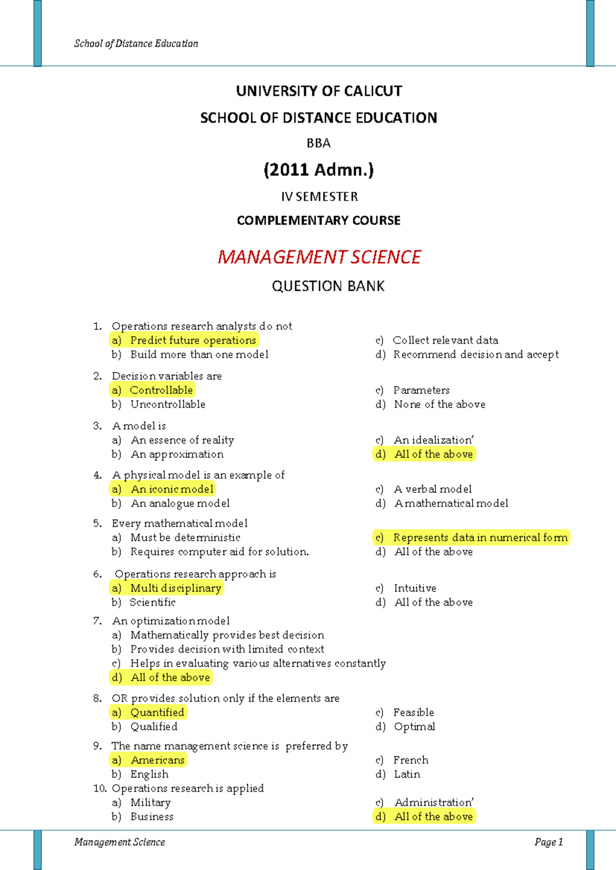 BBA IV Sem Management Science Question Bank (Ex3609) - Studocu