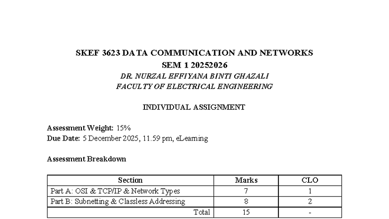 SKEF 3623 Individual Assignment: Data Comm & Networks Analysis - Studocu