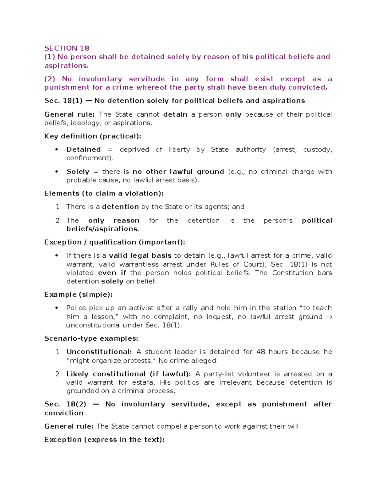 Constitutional Law 2: Sections 18-22 Overview and Key Cases - Studocu