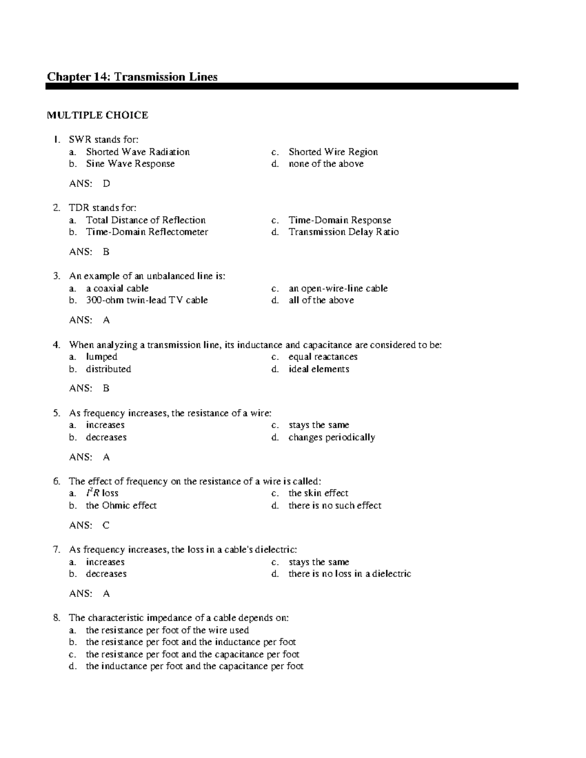 Chapter 14: Transmission lines multiple choice and completion questions ...