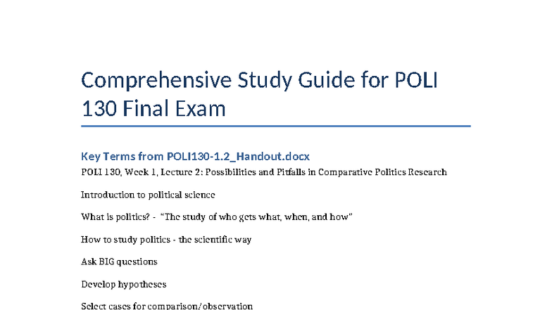 Comprehensive Study Guide for POLI 130 Final Exam Key Terms - Studocu