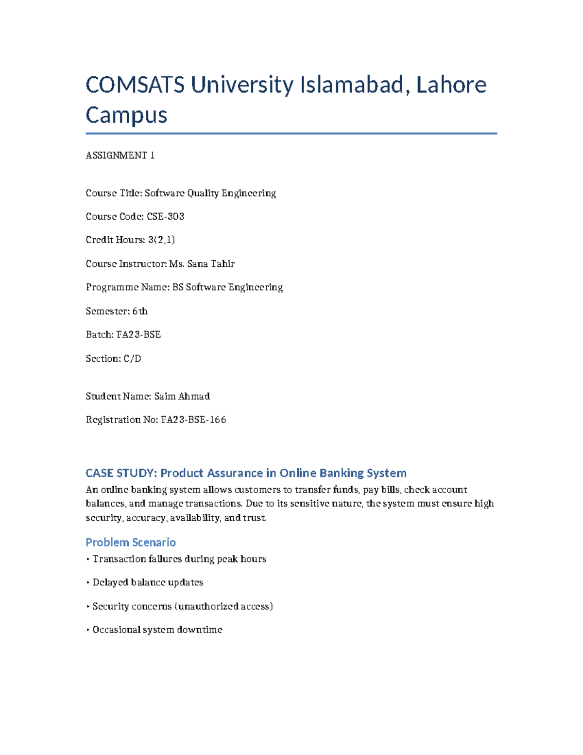 COMSATS University Lahore - ASSIGNMENT 1: Software Quality Engineering ...