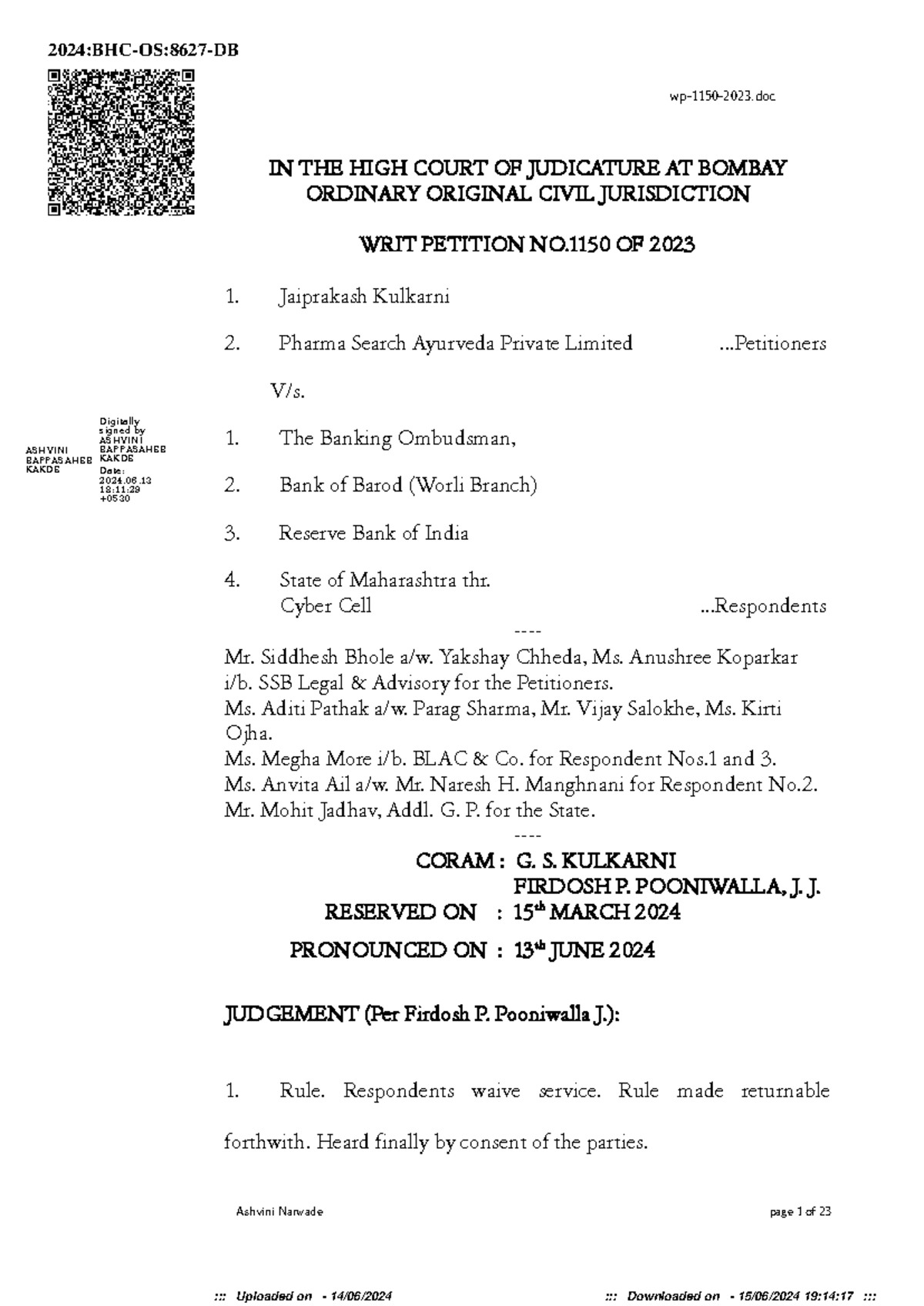Bombay High Court Order in Writ Petition No. 1150 of 2023: Cyber Fraud ...