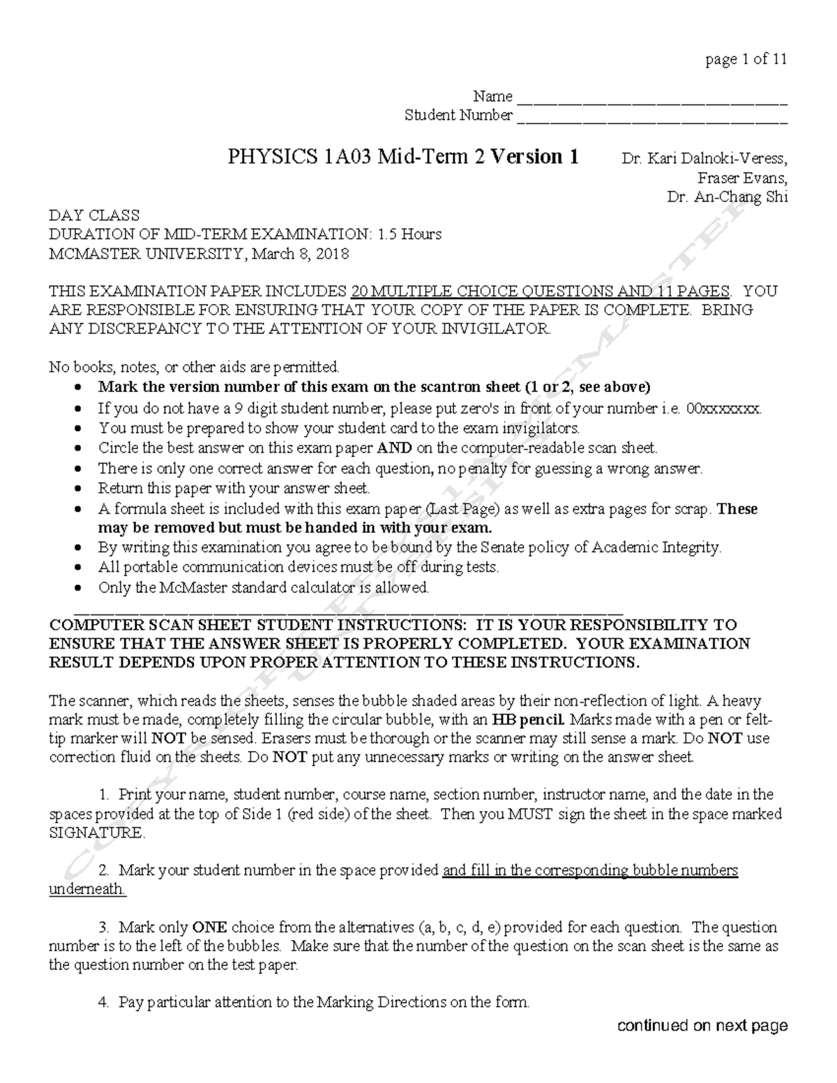 PHYSICS 1A03 Mid-Term Exam 2 Version 1 - Dr. Dalnoki-Veress - Studocu
